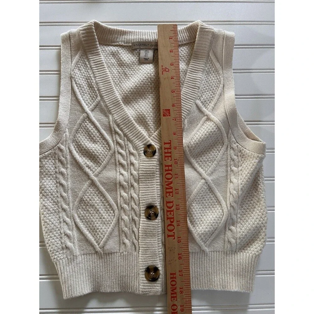 Sincerely Jules Sweater Vest Cream Knit Button Front V-Neck Cable Sz S Boho